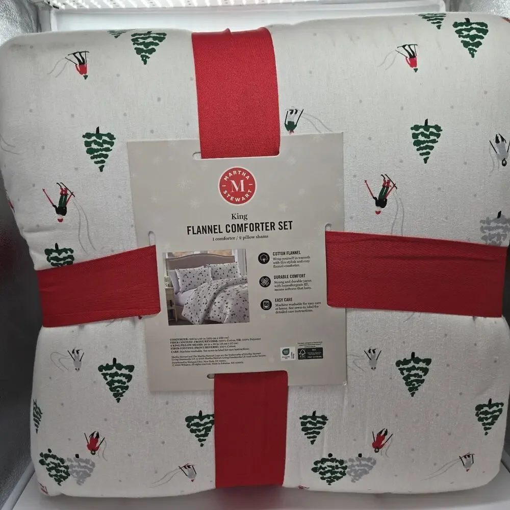 MARTHA STEWART Holiday Christmas Tree Skier Red Green 3 piece King Quilt Set NEW